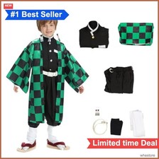 Kids Anime Cosplay Kimono Outfit Halloween Party Set Green Polyester Comic Con