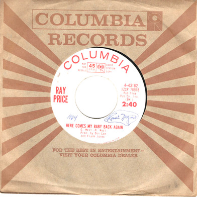 RAY PRICE:   Here Comes My baby back Again / A Thing Called Sadness ''DJ'' 45 9308
