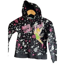 Disney Fairies TINKER BELL Black  Pink Hoodie Zip Up Jacket Girls LARGE