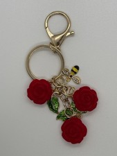Red Rose Keychain Purse Charm Gold Tone Bee Leaf Floral Resin Bag Charm