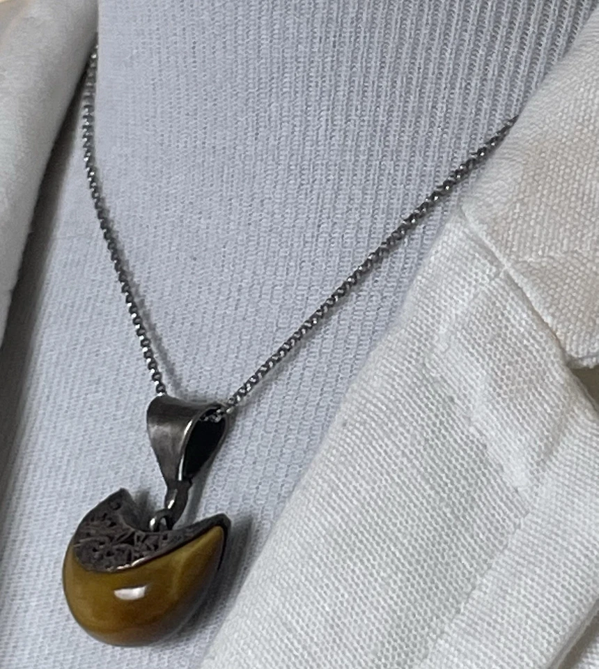 "Collar gargantilla ojo de tigre de plata de ley 925 cadena cable colgante media luna de 15""" Foto 3 de 4