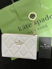 KATE SPADE Quilted Leather Coin Case Card Holder Blue New Key Ring No Box
