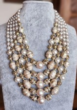 VTG Japan Cream Gold Faux-Pearl 5 Strand Layered Bib Necklace 16-18 "