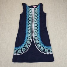 LILLY PULITZER Embroidered Shift Dress Sleeveless Blue Cotton Stretch Women 2