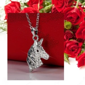 Silver Unicorn Necklace Cubic Zirconia Crystal  Charm Gift Women Girls 18 inch
