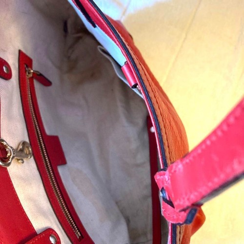 Authentic Gucci Diamante Handbag Tote Bag Red Color Canvas Leather Italy w/Pouch - Picture 5 of 8