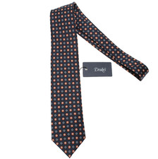 Drake's NWT Neck Tie in Navy with Orange/Blue/White Geometric Pattern 100 Silk