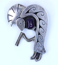 Sterling Silver Unrecognizable Stamp on Kokopelli w/ Amethyst Pin 2.5"- 13925