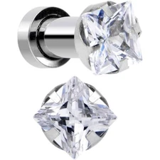 Big Square Cz Stone Prong Set 316l Surgical Steel Screw-fit Plugs/gauges (A/2/1)