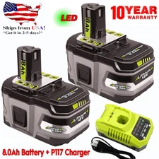 for RYOBI ONE+ 18V Lithium-Ion 8.0 Ah Battery (2-Pack) and P117 Charger Kits NEW