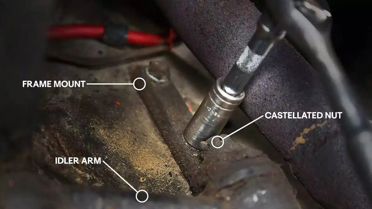 A frame mount bolt is removed with a socket wrench. Annotations show the location of the frame mount, idler arm, and castellated nut.