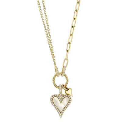 14K Gelbgold Diamant Perlmutt Herz Halskette Büroklammer Kette Natur