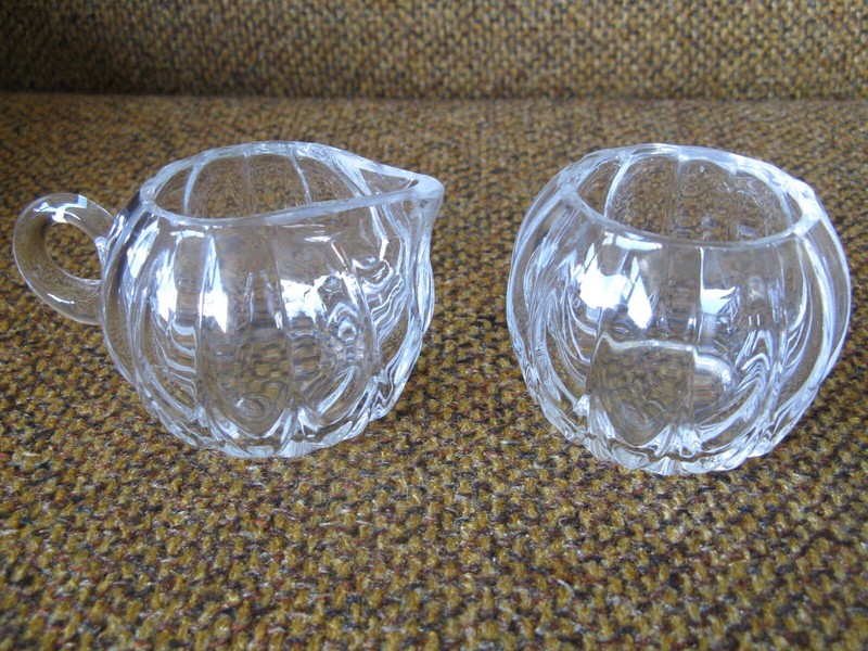 Vintage Clear Round Sugar Bowl & Creamer Cream Milk Pitcher Coffee Tea Glass I