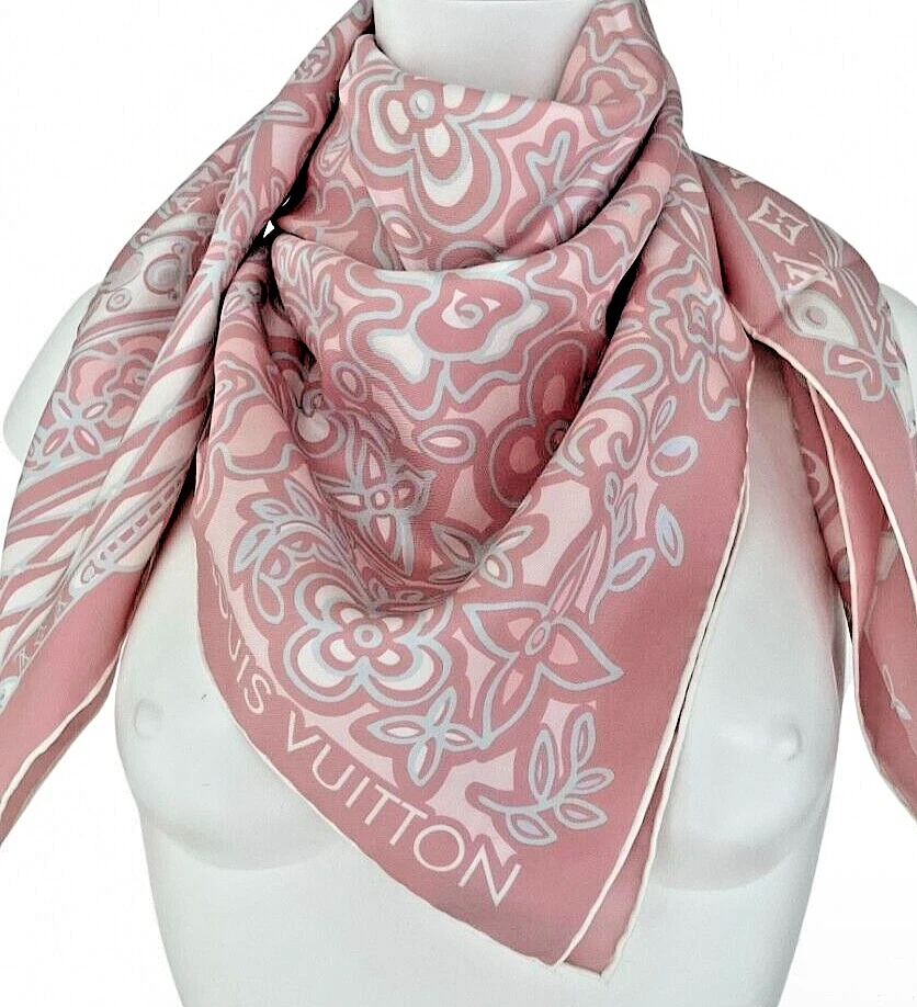 LOUIS VUITTON Monogram Floral Print Light Pink Square Neck Silk Scarf