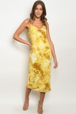 Yellow Tie Dye Drop Neck Pencil Dress Size Large Spaghetti Strap Summer Travel