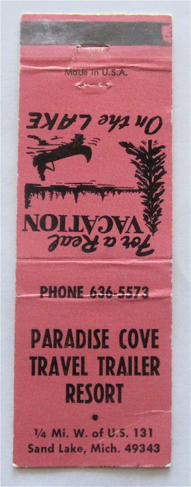 PARADISE COVE TRAVEL TRAILER RESORT, SAND LAKE, MI  MATCHBOOK COVER