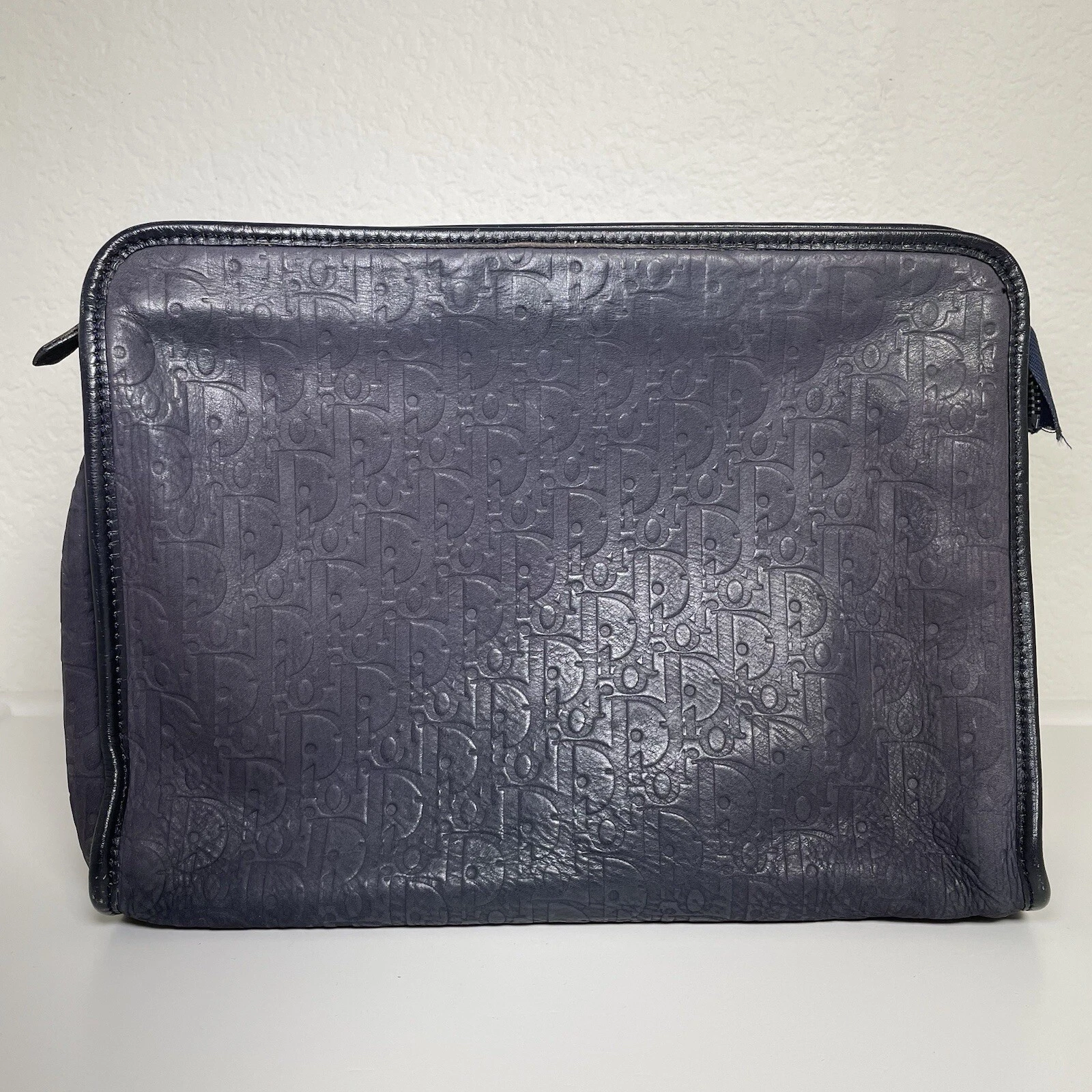 Véritable sac cuir vintage Christian Dior oblique imprimé Marc Bohan années 70 bleu marine
