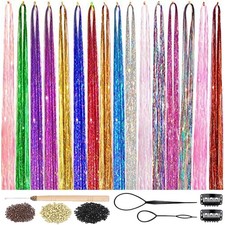 Hair Tinsel Kit 16 Colors 3500 Strands Fairy Heat Resistant Shiny Extensions