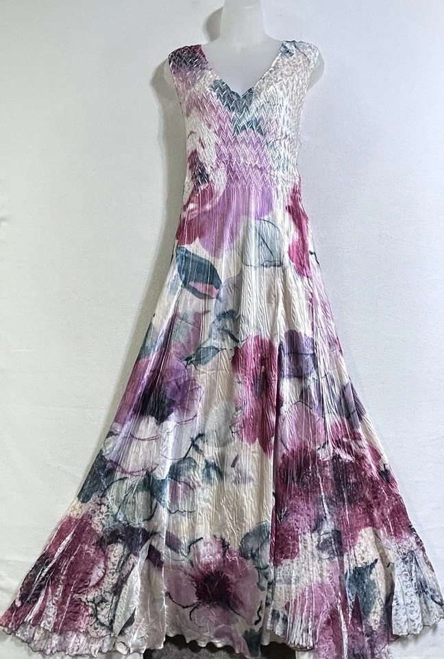 Vestido Komarov Floral Maxi Arrugado Encaje L Sin Mangas Fluido Romántico Barrido Hada Foto 3 de 4