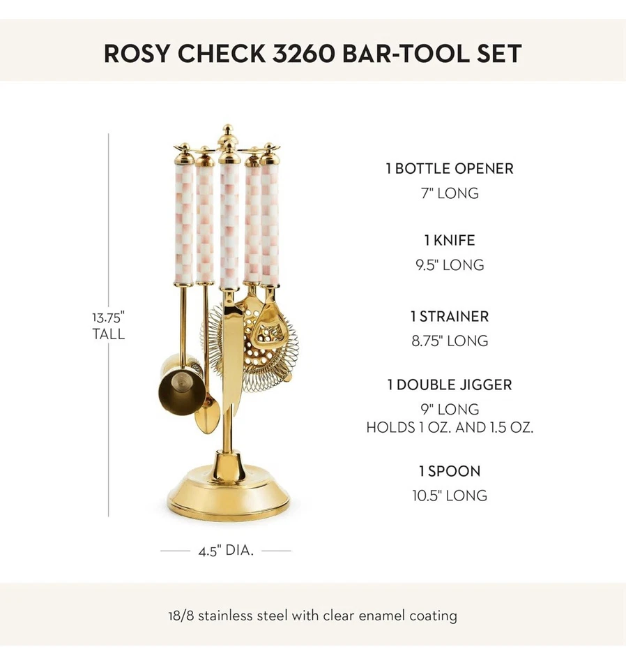 MacKenzie-Childs Rosy Check 3260 Gold Bar Tool Set New! - Image 2 of 2