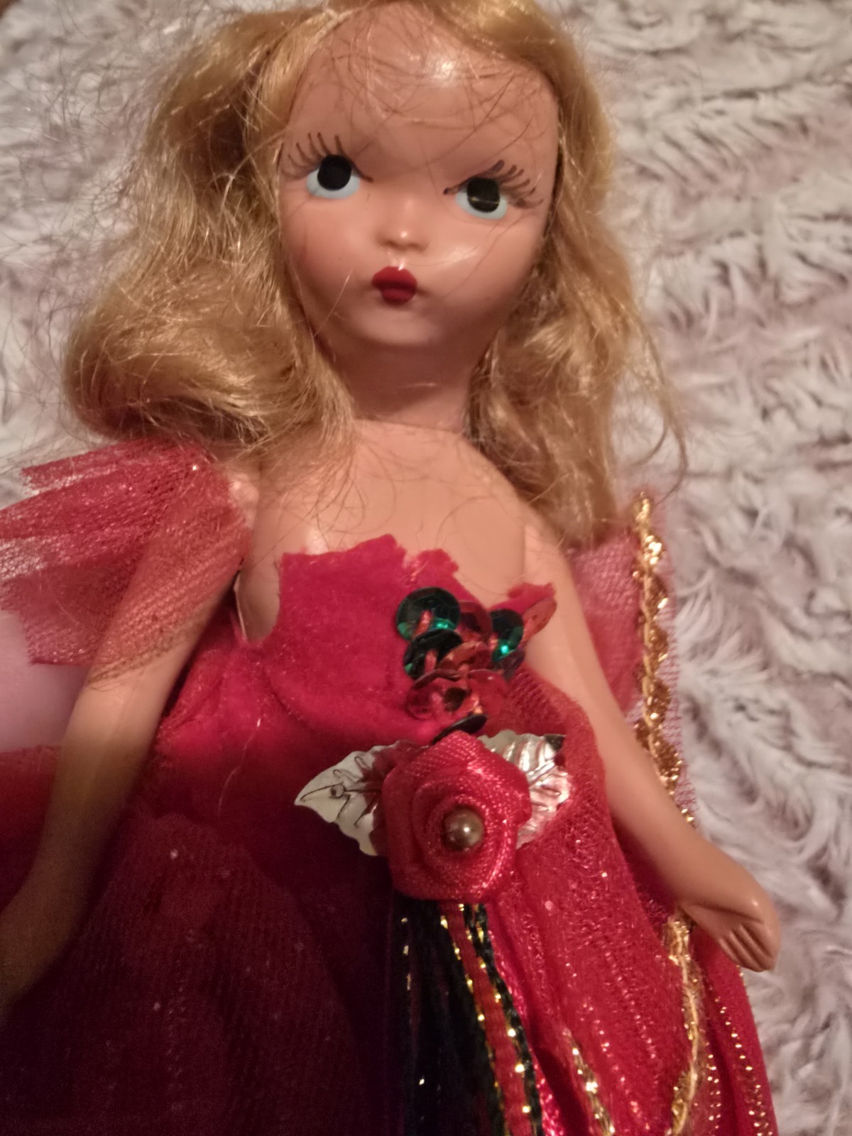 Fashion Doll Blonde Wavy Hair Light Complexion Red Gold Dress Rose Decoration