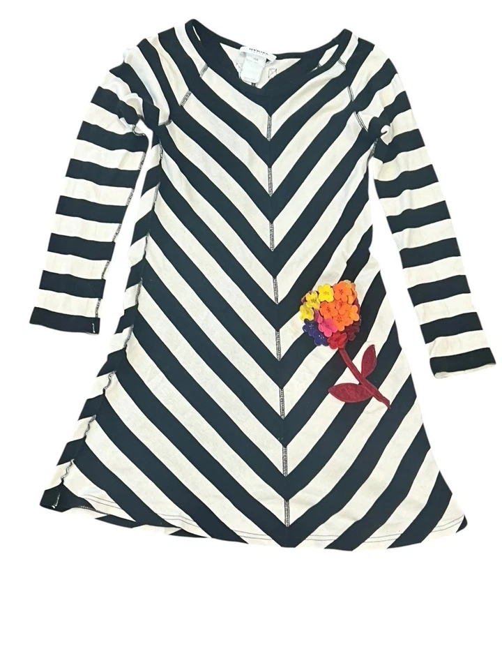 SONIA RYKIEL GIRLS 10 BLACK WHITE CHEVRON STRIPE LONG SLEEVE DRESS  MIDI FLOWER - Image 2 of 4