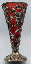Vtg Ruby Red Trumpet Flower Vase Art Nouveau Silver Plated Floral Pattern RARE