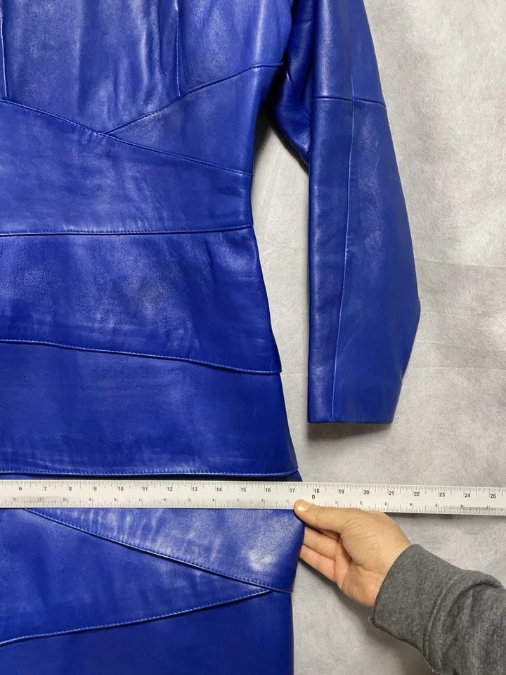 VTG Leather Dress Women 11 12 Royal Blue Lambskin Midi Sexy Sheath Event Luxury - Image 4 of 4