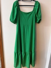 New Look bright green Smock Midi Dress UK 12 Puff Sleeve Square Neck Summer