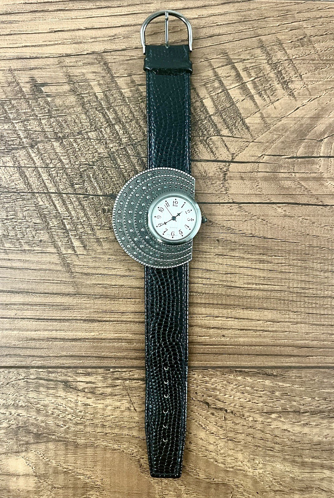 Vintage Art Deco Style Asymmetrical Watch Black Leather Strap Quartz Womens