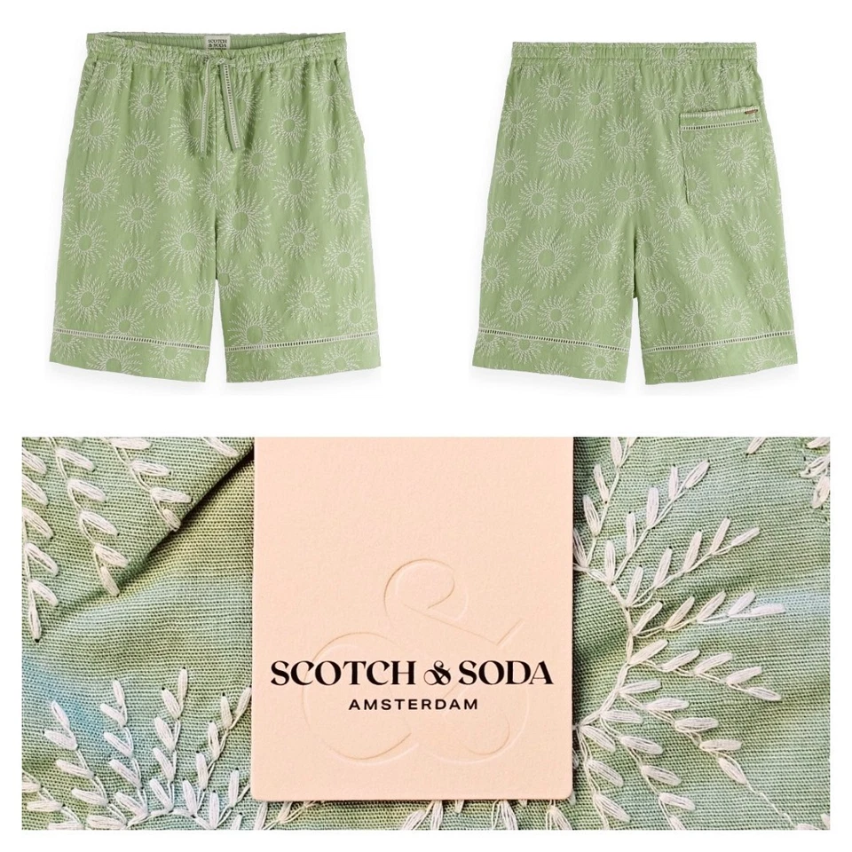 Bermudas cortas Scotch & Soda Amsterdam para hombre algodón lino pistacho medianas nuevas con etiquetas $128