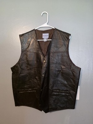 DirectSource Inc. Men s Black Leather Button Front V-Neck Lined Vest XXL Pockets
