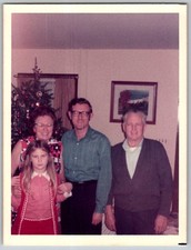 Vtg Color Snapshot Family Christmas Tree Holiday Men Woman Girl Red Dress 1973
