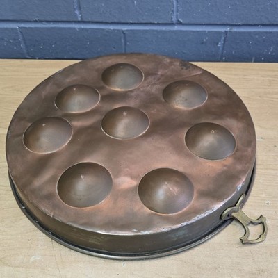 Vintage Kupfer 8 Eier Pochierer Escargot Pfanne Messinggriffe 15'' Durchmesser