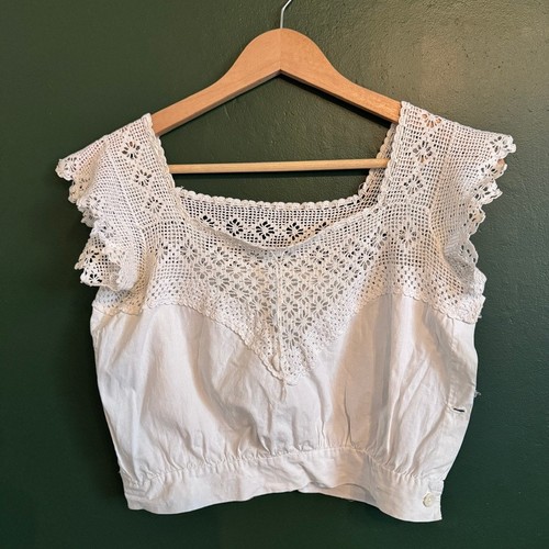 Camiseta sin mangas antigua con cubierta de corsé de ganchillo blanca de algodón de 1900 S - Imagen 1 de 6