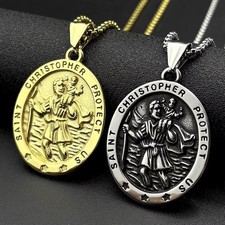 Saint Christopher Necklace Stainless Steel Talisman Token Pendant Mens