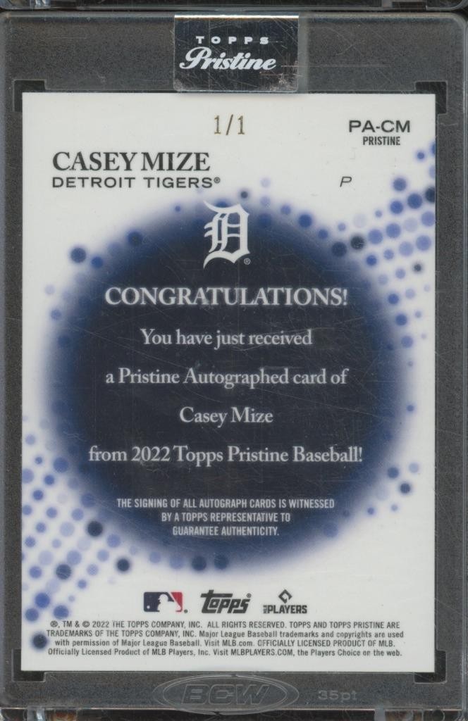 2022 Topps Pristine CASEY MIZE Auto BLACK PRISTINE Refractor 1/1 Tigers SSP MT1 view 2