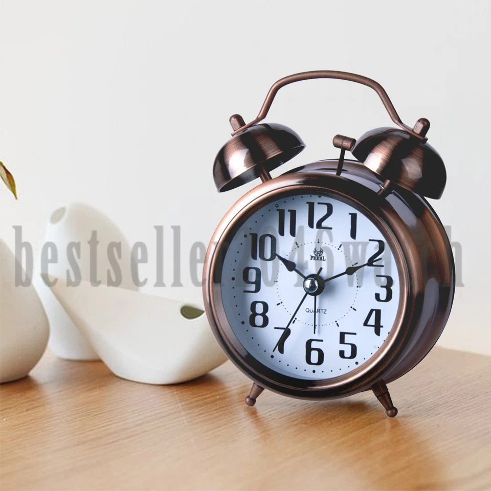 Twin Bell Alarm Clock Backlight Silent Desk Bed Bronze Cute Metal Table Clock - Image 2 of 4