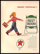 1954 Texaco Smart Traveler Vintage PRINT AD Girl Rest Room Art