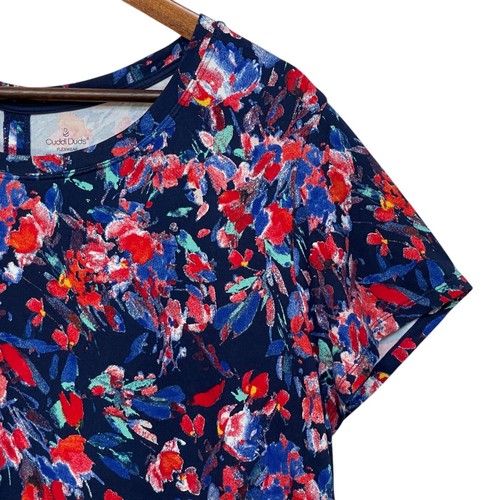 Cuddl Duds Women Flexwear Top Size 1X Blue Red Floral Stretch Short Sleeve - Picture 3 of 10