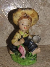VTG Napco Country Fishing Boy Holding Fish Net In Grass Ceramic Figurine 5"