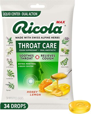 Ricola Max Throat Care Honey Lemon Cough Drops,Liquid Center,Dual Action,34Count
