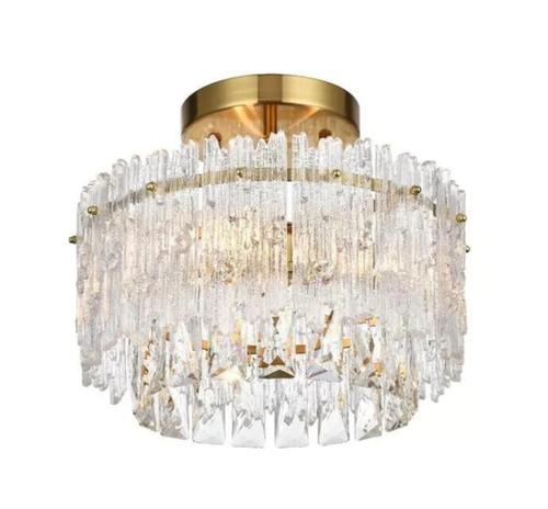 Crystal Chandelier Flush Mount Satin Gold Living Dining Room Light Fixture 12 in - Picture 2 of 10
