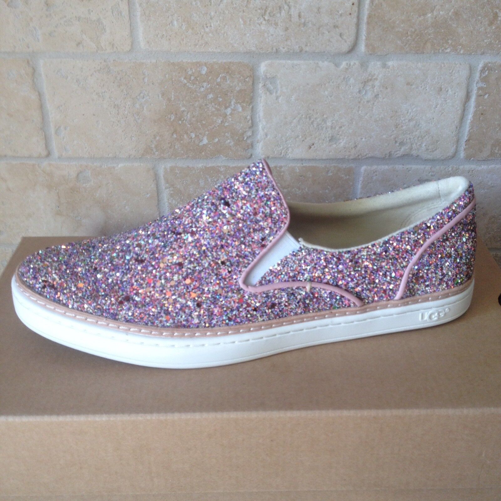 UGG ADLEY CHUNKY GLITTER CONFETTI PINK LEATHER SLIP-ON SHOES SIZE 