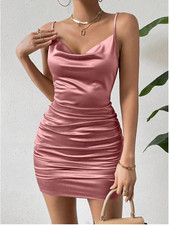 RaffinéaSummer Draped Neck Solid Color Pleated Camisole Sleeveless Elegant Dress