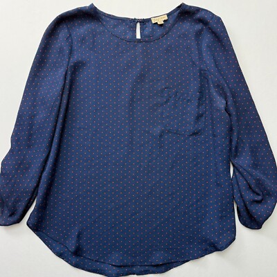 Lily White Blouse Long Sleeve Pocket Polka Dot Top Keyhole Back Medium