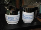 VINTAGE GEMCO MILK GLASS BLUE SNOWFLAKE GARLAND PATTERN SUGAR & CREAMER SET