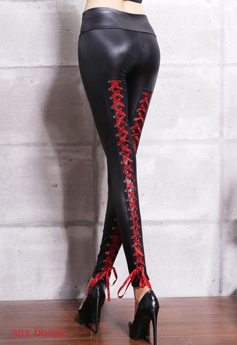 Sexy LEGGINGS NERI effetto PELLE laccetti ROSSI GLITTER taglia unica  GLAMOUR | eBay