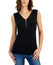 I.n.c. International Concepts Women's Sleeveless 1/4-Zip Top, Deep Black Sz S