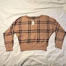 Express Womens M Beige Black Plaid Knit Crew ...
